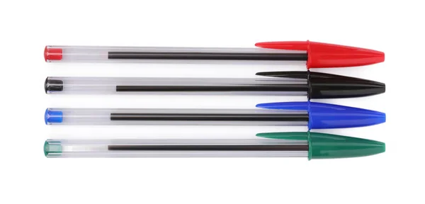 Nowe Kolorowe Plastikowe Długopisy Izolowane Białym Widok Góry — Zdjęcie stockowe
