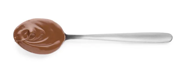 Ложка Вкусной Шоколадной Пастой Белом Фоне Вид Сверху — стоковое фото