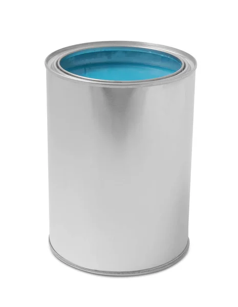 Lata Con Pintura Azul Claro Sobre Fondo Blanco — Foto de Stock