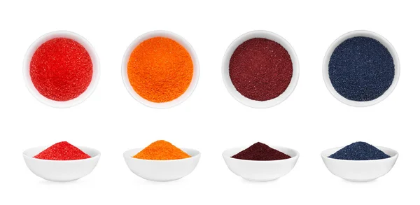 Collage Van Verschillende Poedervormige Voedsel Kleuren Kommen Geïsoleerd Wit Boven — Stockfoto