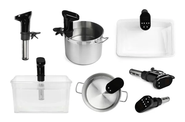 stock image Collage with sous vide cookers isolated on white. Thermal immersion circulator