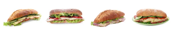 Набор Различными Вкусными Бутербродами Белом Фоне — стоковое фото