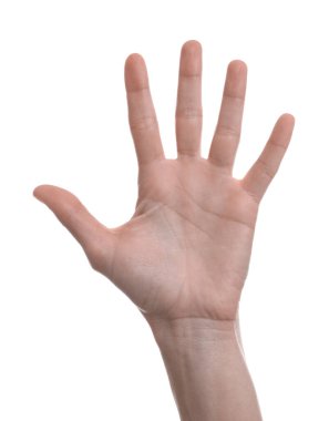 Beyaz arka planda, closeup yüksek beş veren kadın