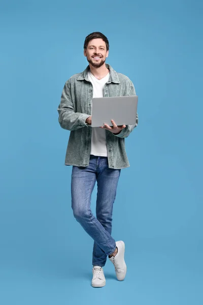 Happy Man Laptop Light Blue Background — Fotografia de Stock