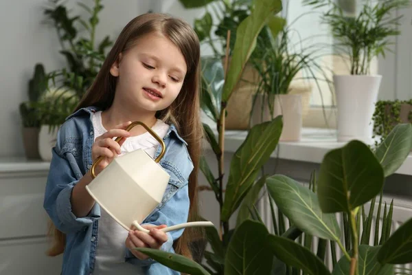 Χαριτωμένο Κοριτσάκι Ποτίζει Όμορφο Πράσινο Φυτό Στο Σπίτι Διακόσμηση Σπιτιού — Φωτογραφία Αρχείου