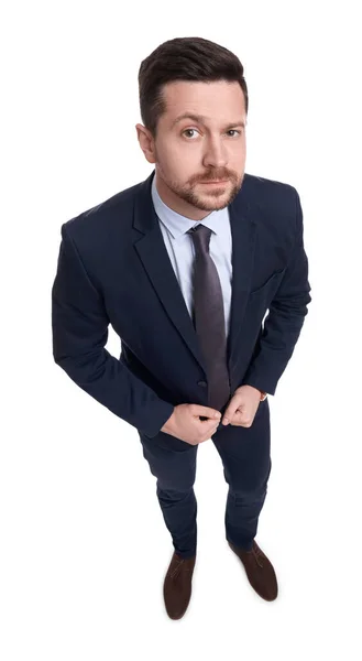 白い背景に訴訟でハンサムなひげそりのビジネスマン 上記のビュー — ストック写真