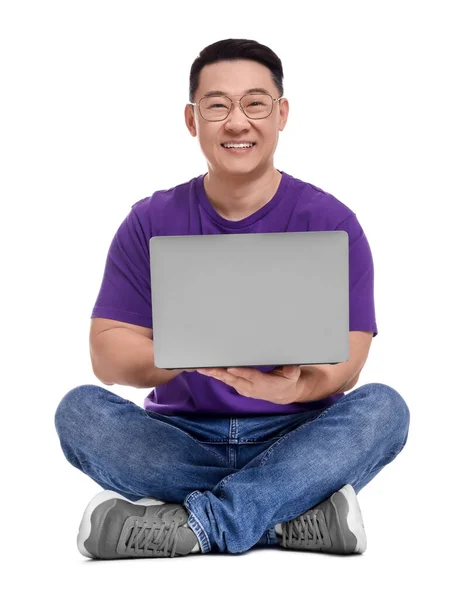 Happy Man Laptop White Background — Stock Photo, Image