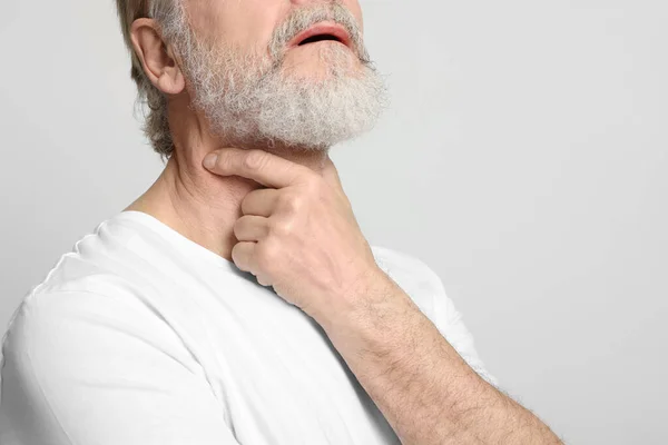 Senior Man Suffering Sore Throat White Background Closeup View Space — Stock Photo, Image