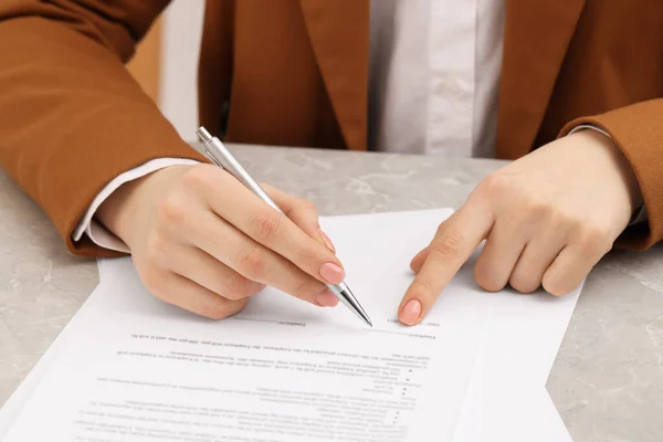 Woman Signing Document Table Closeup View — Foto de Stock