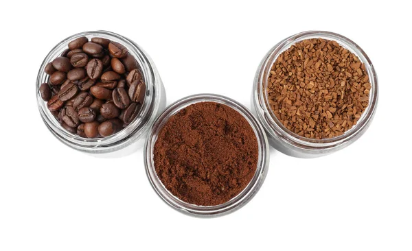 Potten Met Verschillende Soorten Koffie Witte Achtergrond Bovenaanzicht — Stockfoto