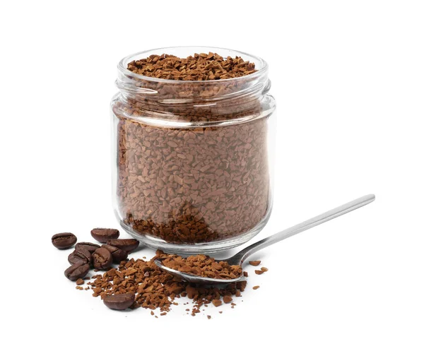 Pot Lepel Met Instant Koffie Gebrande Bonen Witte Achtergrond — Stockfoto