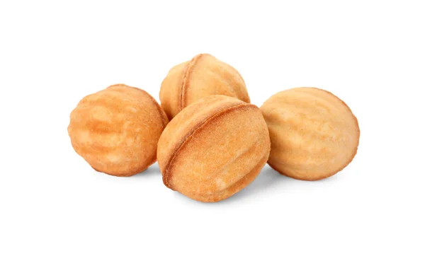 Delicious Nut Shaped Cookies Condensed Milk White Background — Stock Photo, Image