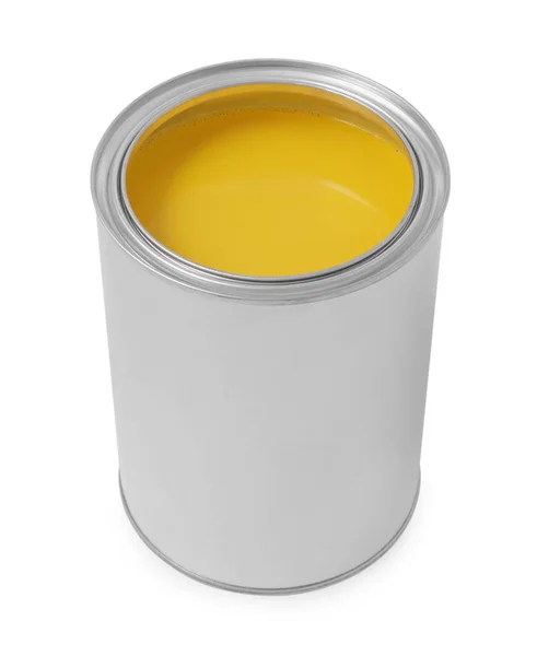 Lata Com Tinta Amarela Sobre Fundo Branco — Fotografia de Stock