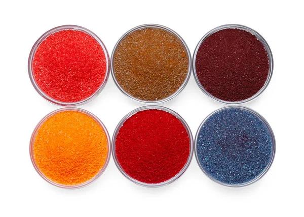 Glazen Schalen Met Verschillende Kleurstoffen Geïsoleerd Wit Bovenaanzicht — Stockfoto