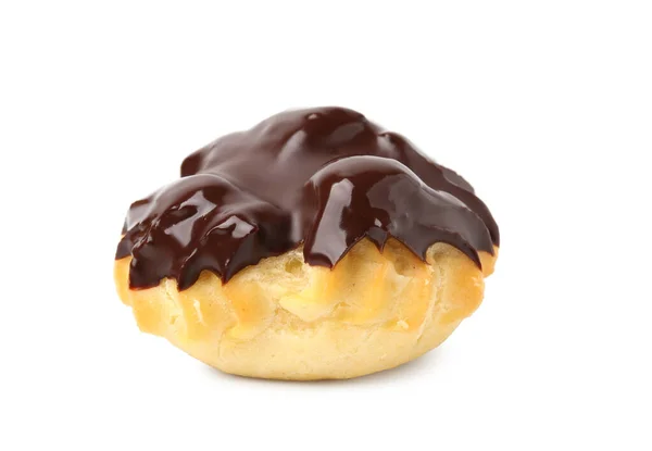 stock image One delicious profiterole with chocolate spread isolated on white