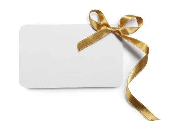 Blanko Geschenkkarte Mit Goldener Schleife Isoliert Auf Weiß Ansicht Von — Stockfoto