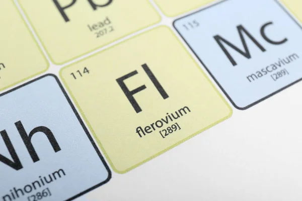 化学元素周期表上的Flerovium符号 特写镜头 — 图库照片