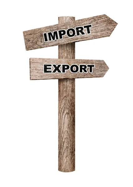 Import Export Arrow Shaped Wooden Road Sign White Background — Stock Photo, Image