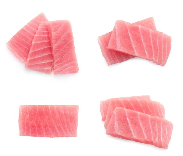 Collage Med Färsk Tonfisk Sashimi Isolerad Vit Ovanifrån — Stockfoto