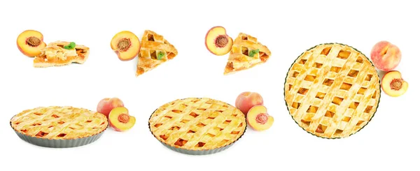 白い背景においしい桃のパイとコラージュ 異なる側面 — ストック写真