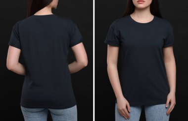 Siyah tişörtlü bir kadın koyu arkaplan, arka ve ön manzaralı. Tasarım için model