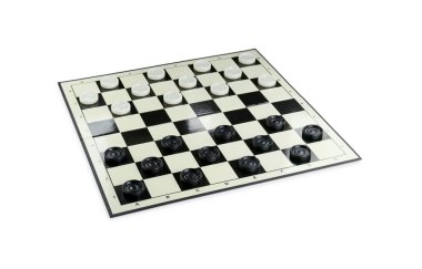 Oyun parçaları beyaz üzerine izole edilmiş dama tahtası