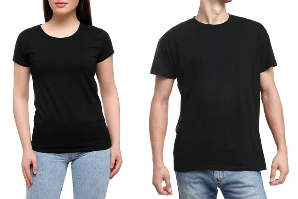Pessoas Usar Shirts Pretas Fundo Branco Close Mockup Para Design — Fotografia de Stock