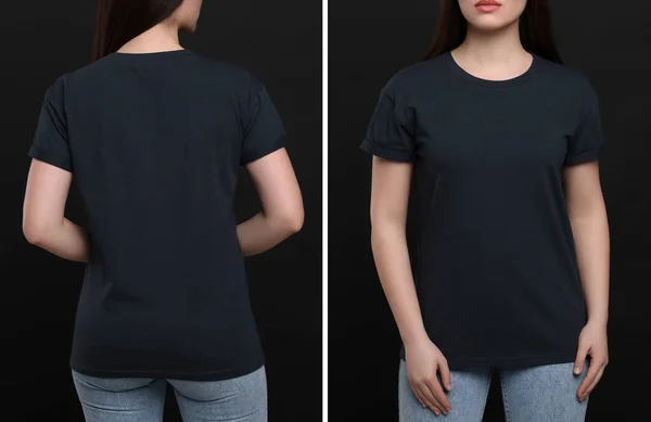 Woman wearing black t-shirt on dark background, back and front views. Mockup for design