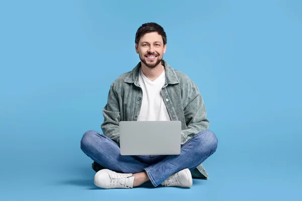 Happy Man Laptop Light Blue Background — Photo