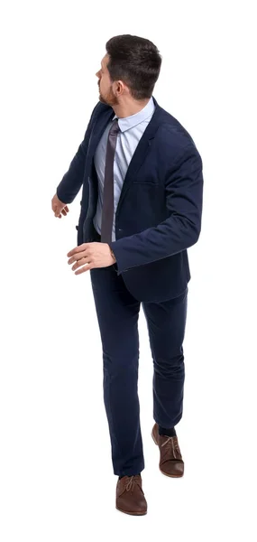 Όμορφος Γενειοφόρος Επιχειρηματίας Κοστούμι Τρέχει Λευκό Φόντο — Φωτογραφία Αρχείου