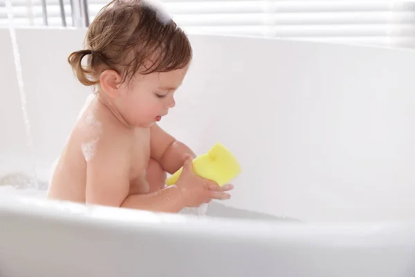 Cute Little Girl Bast Wisp Taking Bubble Bath Space Text — Stock Photo, Image