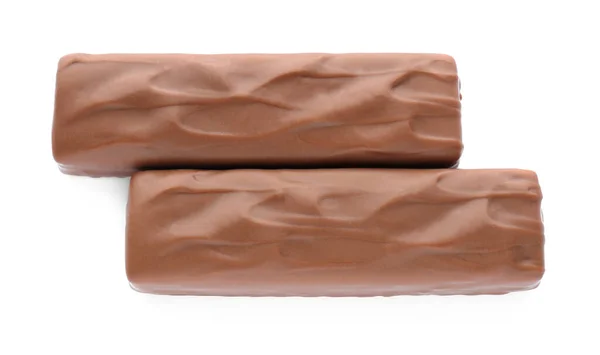 Barras Chocolate Saborosas Fundo Branco Vista Superior — Fotografia de Stock