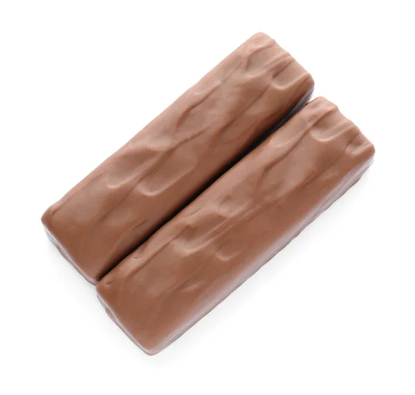 Deliciosas Barras Chocolate Sobre Fondo Blanco Vista Superior — Foto de Stock