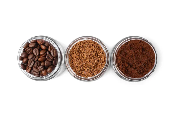 Potten Met Verschillende Soorten Koffie Witte Achtergrond Bovenaanzicht — Stockfoto