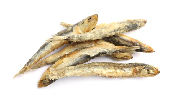 Pile Delicious Fried Anchovies White Background Top View — Stock Photo, Image