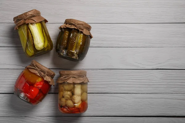Jars Pickled Vegetables White Wooden Table Flat Lay Space Text — Stock Photo, Image