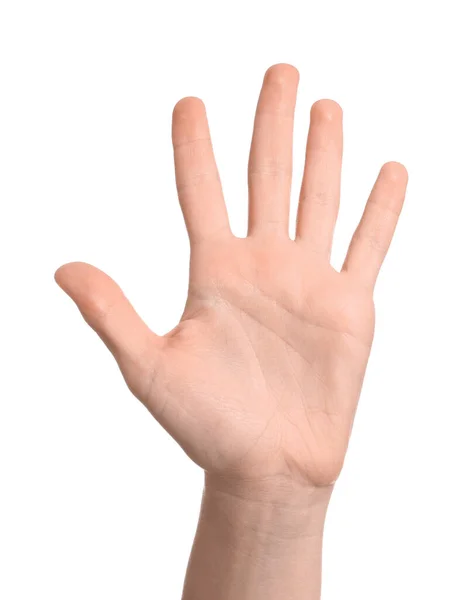 Mulher Dando Cinco Fundo Branco Close Mão — Fotografia de Stock