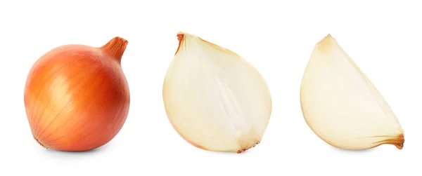 Cutting Fresh Onion Isolated White Collage Design — Stock Photo, Image