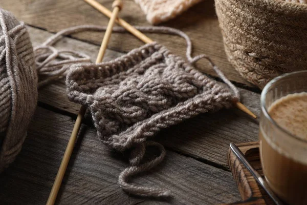 Grey Knitting Needles Wooden Table Closeup — Stock Photo, Image