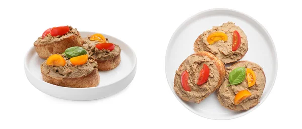 Broodjes Met Heerlijke Paté Tomaten Witte Achtergrond Boven Zijaanzichten Collageontwerp — Stockfoto