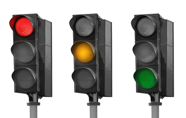 不同灯光 隔离在白色上的交通信号灯组合 — 图库照片