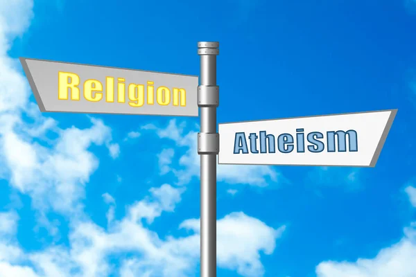 Επιλογή Μεταξύ Αθεϊσμού Και Θρησκείας Σήμανση Λέξεις Που Δείχνουν Προς — Φωτογραφία Αρχείου