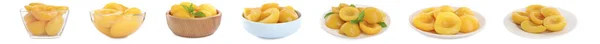 흰색으로 맛있는 통조림 복숭아가 콜라주 — 스톡 사진