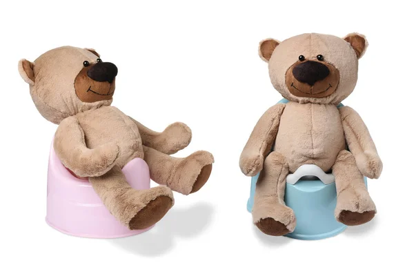 Collage Baby Potties Toy Bear Isolated White — Stock Photo, Image