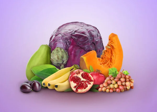 Fresh fruits and vegetables on violet gradient background