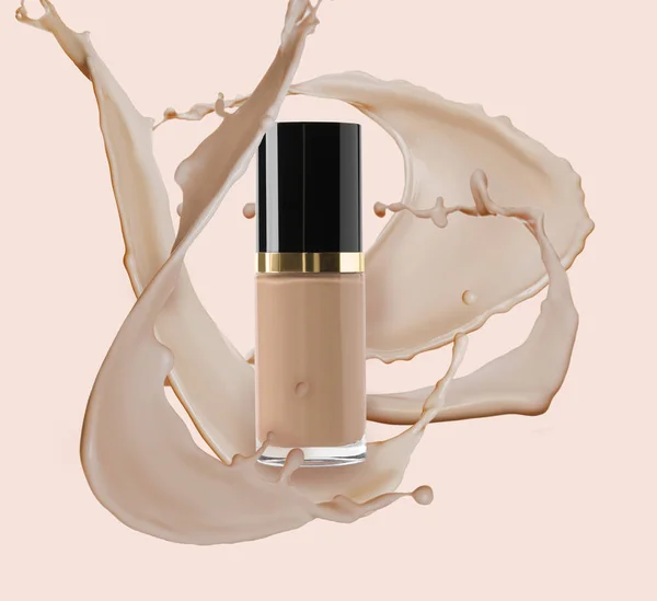 Liquid foundation in bottle and splashes of makeup product on beige background