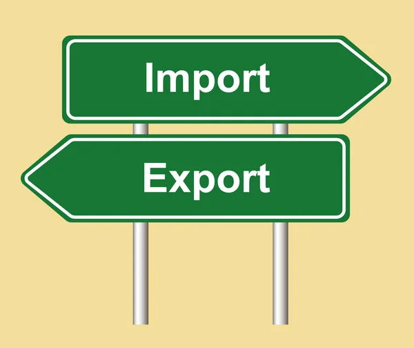 Importação Exportação Seta Forma Sinal Estrada Verde Fundo Amarelo — Fotografia de Stock