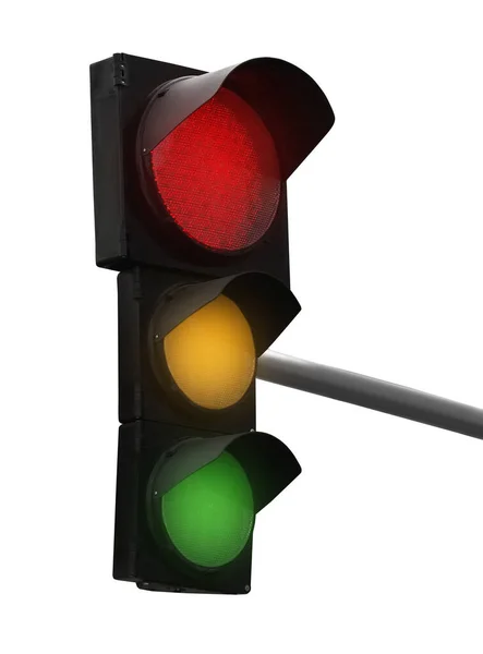 Verkeerssignaal Met Drie Lichten Geïsoleerd Wit — Stockfoto