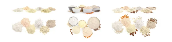 Verschillende Soorten Bloem Ingrediënten Witte Achtergrond Boven Zijaanzichten Collageontwerp — Stockfoto