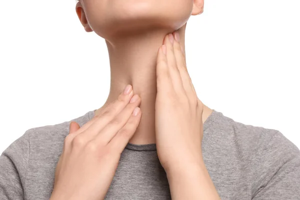 Woman Sore Throat White Background Closeup — Stock Photo, Image